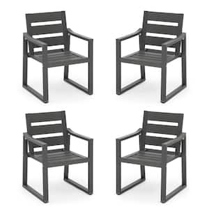 Stationary Stackable Square-Leg Plastic Wood All-Weather Outdoor Patio Dining Chairs in Black(set of 4)