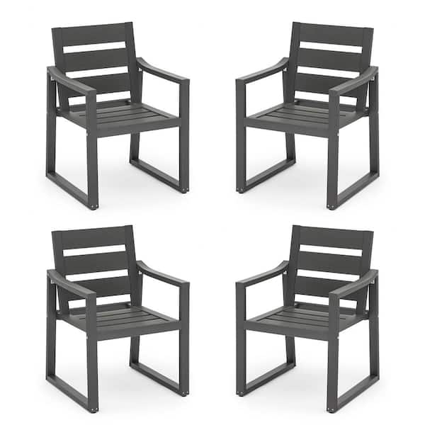 LUE BONA Stationary Stackable Square-Leg Plastic Wood All-Weather Outdoor Patio Dining Chairs in Black(set of 4)