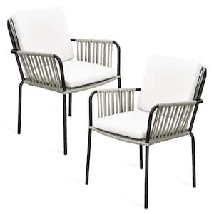 Gray Rattan Metal Patio Outdoor Armless Dining Chair with Beige Cushion (2-Pack)