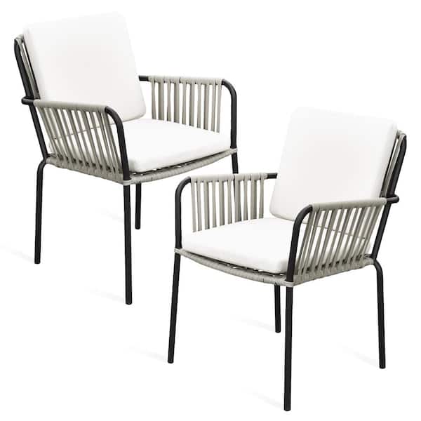 DEXTRUS Gray Rattan Metal Patio Outdoor Armless Dining Chair with Beige Cushion (2-Pack)