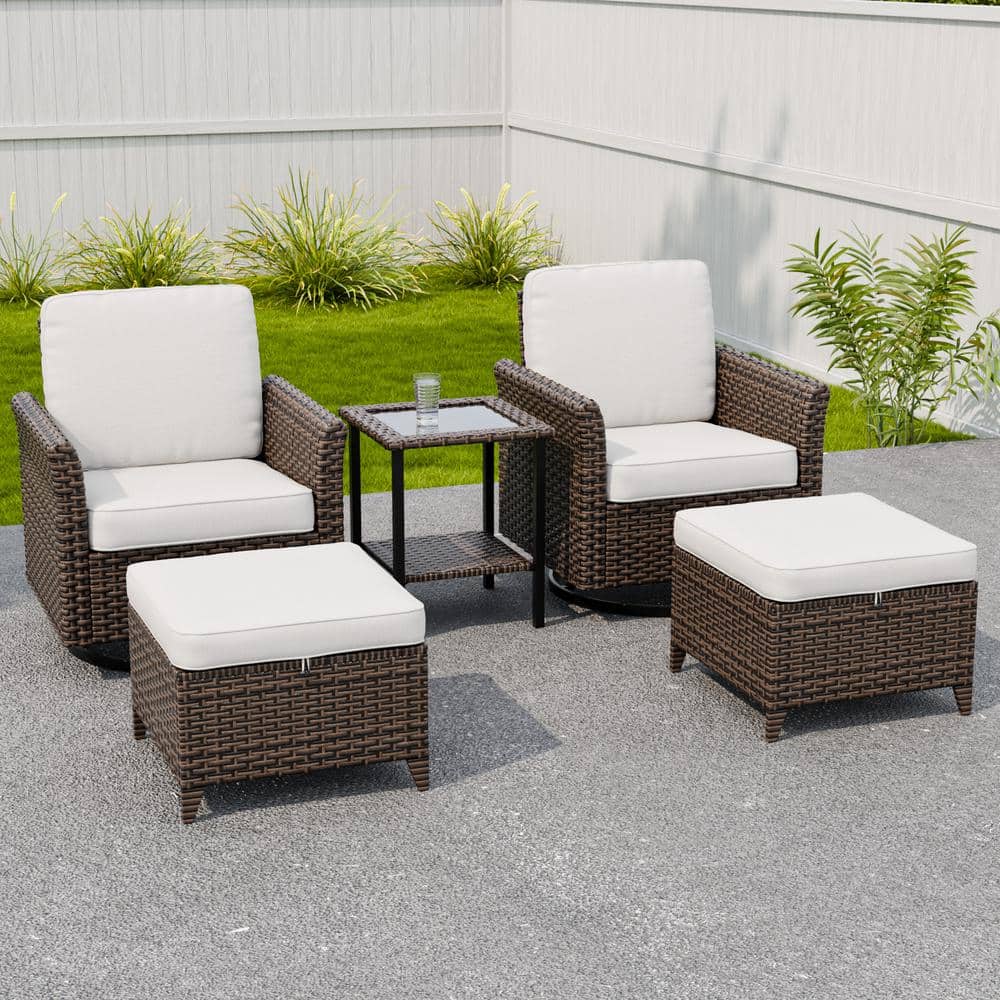 5-Piece Beige Cushioned Brown Wicker Outdoor Conversation Set