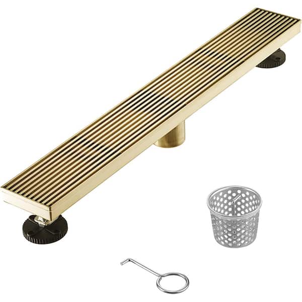 Elegante Drain Collection 24 in. Linear Stainless Steel Shower Drain with Bar Pattern and Zirconium Gold Plating