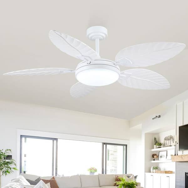 52 in. Indoor/Outdoor White Tropical Palm Leaf Downrod Standard Ceiling Fan with LED Light and Remote