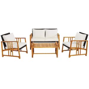 4-Piece Acacia Wood Wicker Patio Conversation Set with Seat and Back Off White Cushions