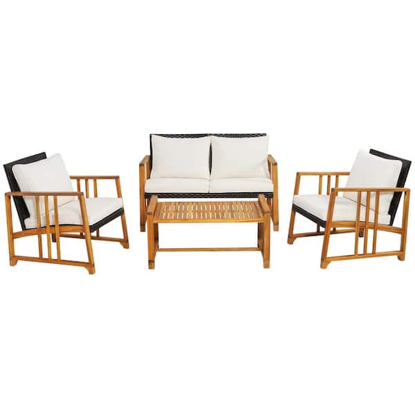 ANGELES HOME 4-Piece Acacia Wood Wicker Patio Conversation Set with Seat and Back Off White Cushions