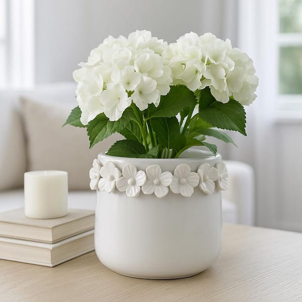 White Ceramic Round Floral Pot Planter (6 in. W x 5 in. H)