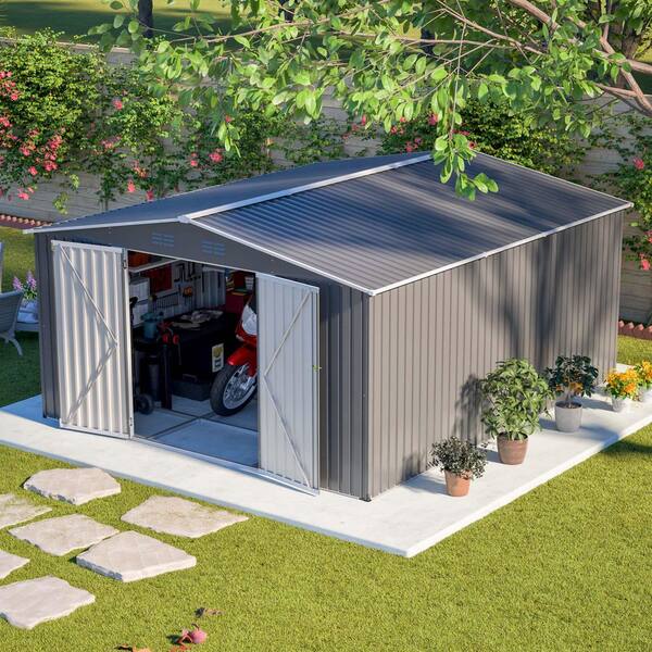 14 ft. W x 12 ft. D Outdoor Metal Shed with Double Doors Gray (168