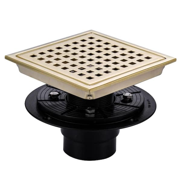 5.9 in. x 5.9 in. Stainless Steel Square Shower Drain with Strainer in Brushed Gold