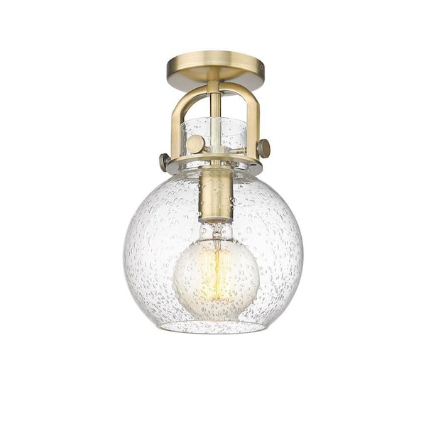 Newton Sphere 8 in. 1-Light Brushed Brass Industrial Flush Mount with Seeded Glass Shade