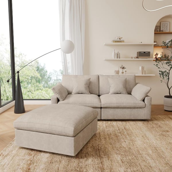 83 in. W Square Arm Linen Upholstered Rectangle 2-Seater Sectional Sofa with Ottoman in. khaki