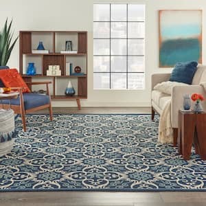 Caribbean Navy 7 ft. x 10 ft. Botanical Transitional Indoor/Outdoor Patio Area Rug