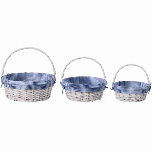 WICKERWISE Traditional White Round Willow Gift Basket with Blue and White Gingham Liner and Sturdy Foldable Handles (Set of 3)