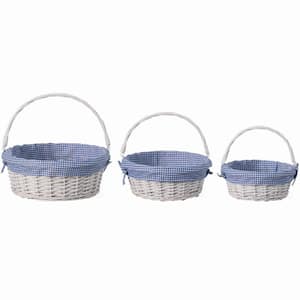 Traditional White Round Willow Gift Basket with Blue and White Gingham Liner and Sturdy Foldable Handles (Set of 3)