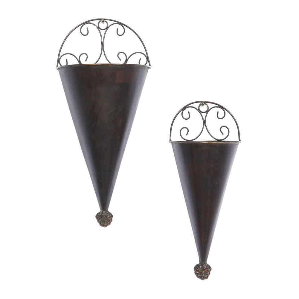 Set of 2 Black Metal Cone Scroll Wall Planters