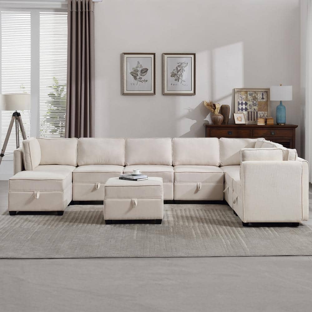 Morden Fort 108.5 in. 9Piece Oversized Modular Sofa Beige Linen Living