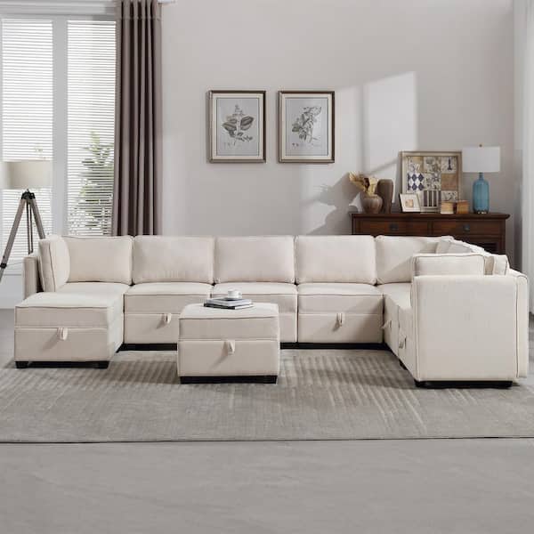 Morden Fort 108.5 in. 9-Piece Oversized Modular Sofa Beige Linen Living Room Set Sectional Couch with Storage Ottoman