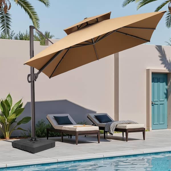 11 ft. x 11 ft. Square Aluminum 2-Tier Outdoor Cantilever Umbrella Offset 360° Rotation Patio Umbrella in Tan with Base