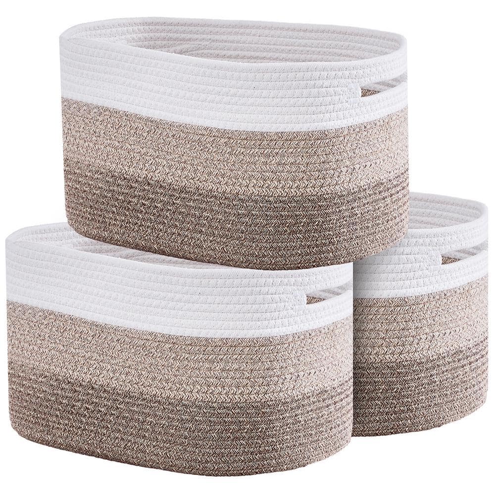 White and Linen Round Cotton Rope Storage Baskets, Set of 3