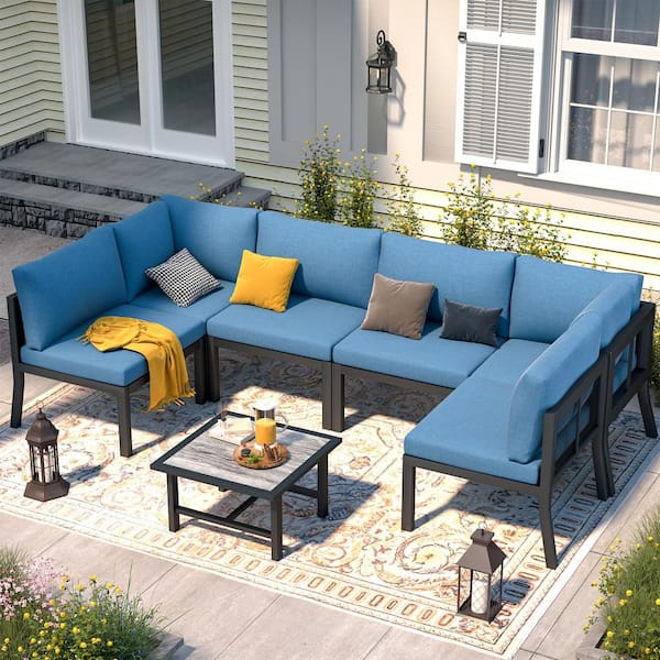AECOJOY 7-Piece Metal Outdoor Patio Conversation Set with Cover and Blue Cushions