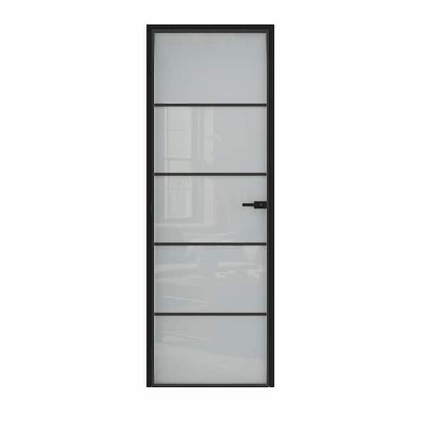 30 in. x 80 in. 5-Lite Frosted Glass Left Black Finished Aluminum Single Prehung Interior Door + Split Jamb and Lockset