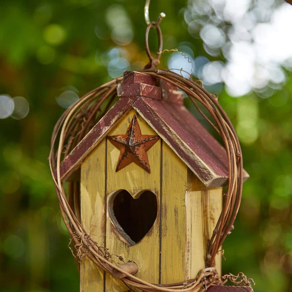 11.5 in Washed Yellow Distressed Solid Wood Cottage Birdhouse with Rattan
