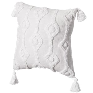 16 in. x 16 in. White Handwoven Cotton Throw Pillow Cover with Small White Tufted Diamond Pattern and Tassel Corners