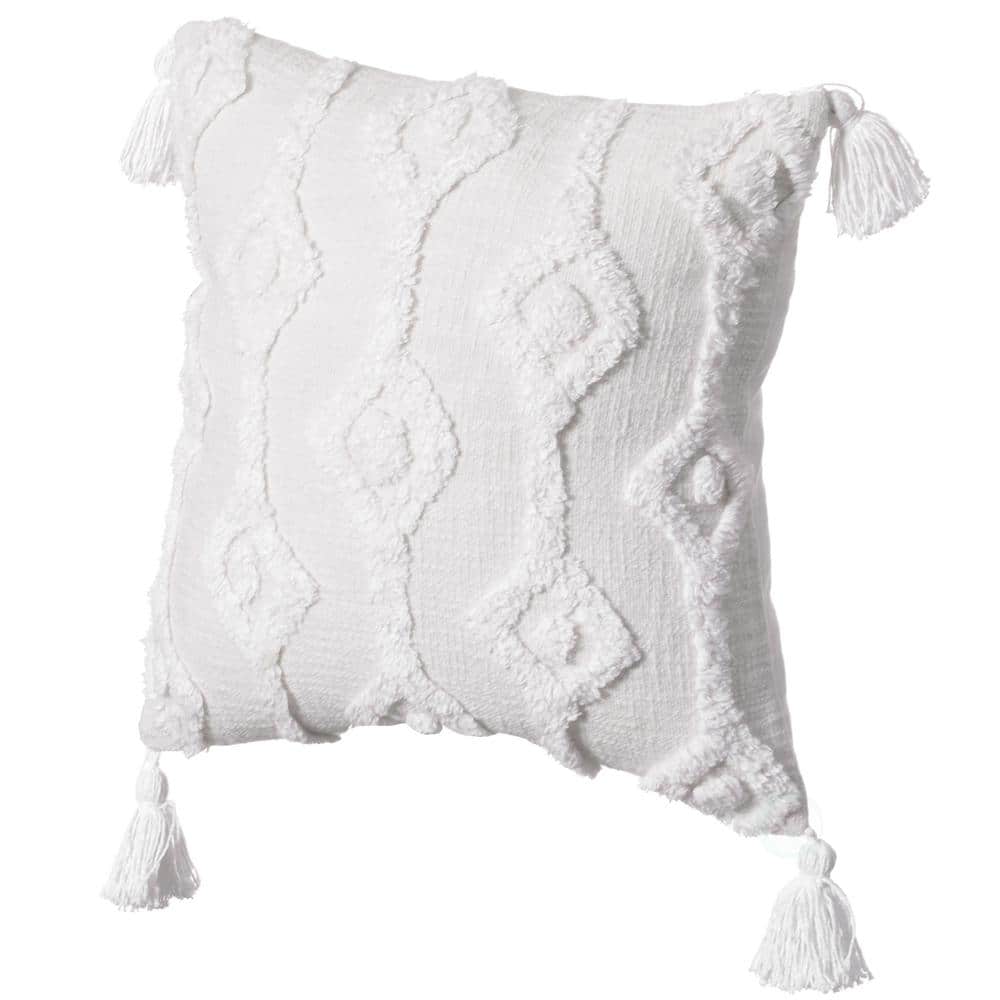 16" White Handwoven Cotton Throw Pillow with Tassels