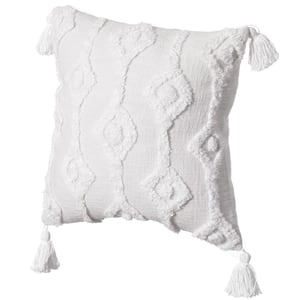 16" x 16" Handwoven Cotton Pillow Cover with Small White Tufted Diamond Pattern and Tassel Corners with Filler, White