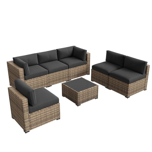 Brown 8-Piece Wicker Rattan Outdoor Sectional Set with 50000 BTU Gas Fire Pit Table and Black Cushions, Coffee Table