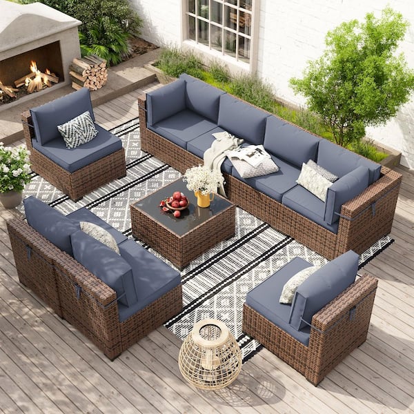 9-Pieces Wicker Patio Sectional Conversation Sets with Coffee Table and Cushions