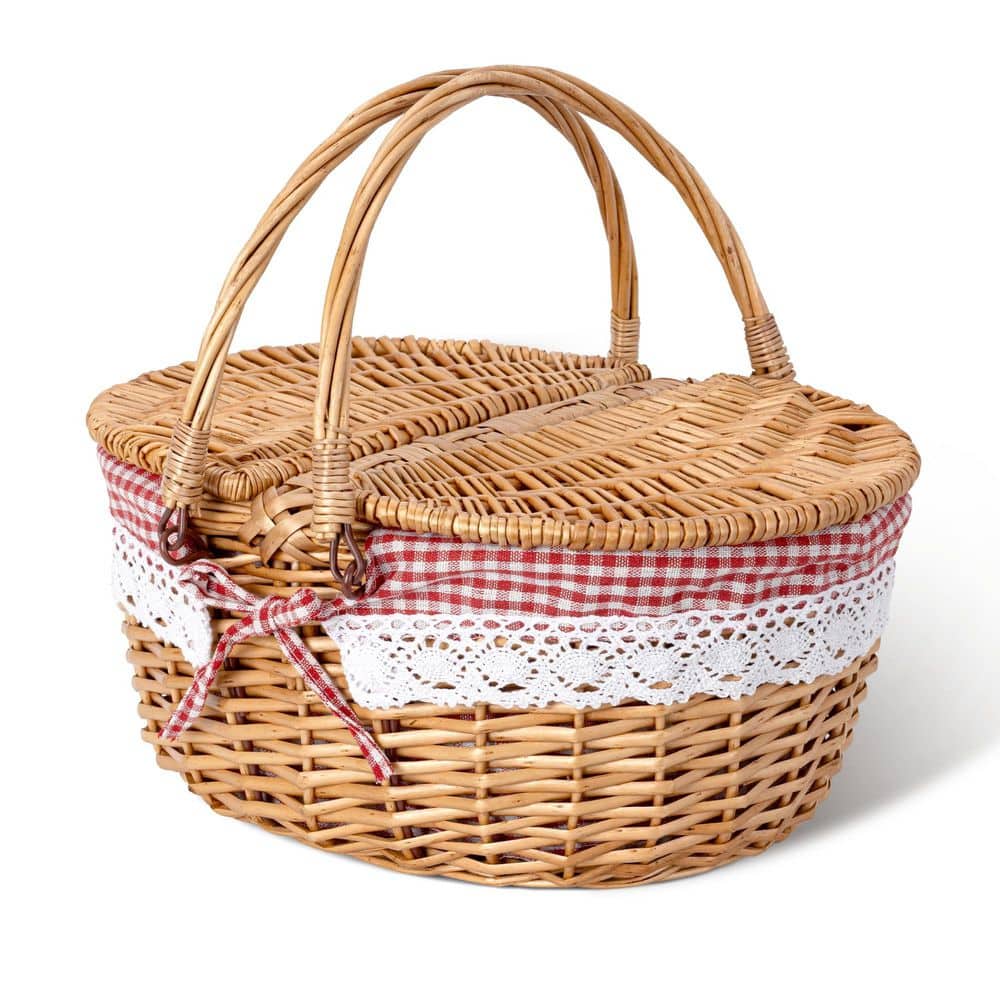 Wudkey Red Lining Natural Willow Picnic Basket with Lid and Handle
