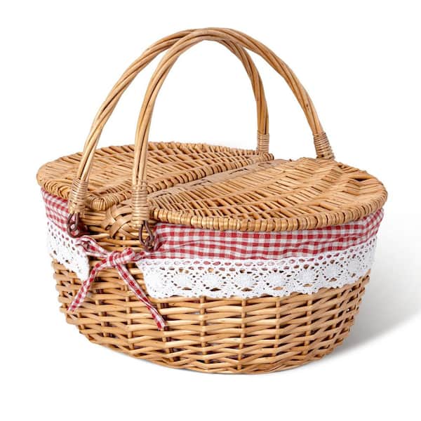 Red Lining Natural Willow Picnic Basket with Lid and Handle, Storage Basket with Washable Lining and Dual-Flid Lid