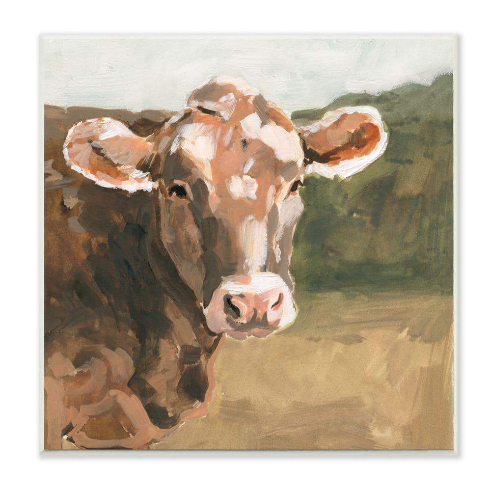 Soft Country Meadow Cow Rustic Brown Wood Wall Art, 12 x 12