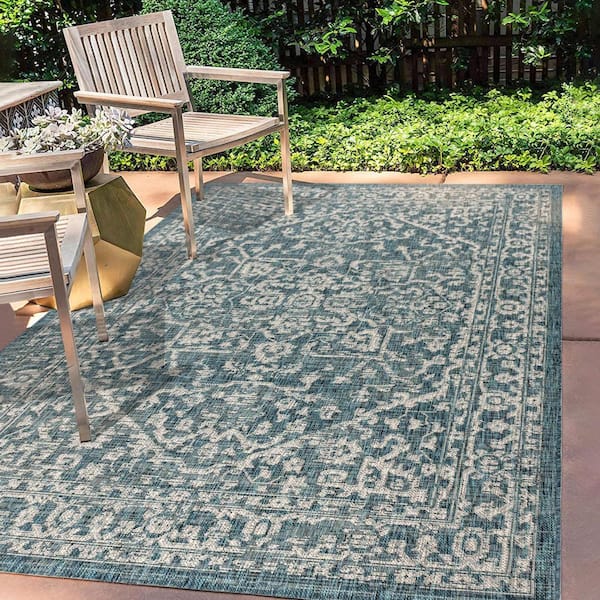 Teal Polypropylene 4 ft. x 6 ft. Floral Indoor Area Rug