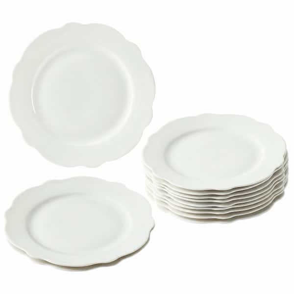 7.5 Inch White Porcelain Plates with Lotus Petal Wave Rim, Set of 12 Small Appetizer and Dessert Plates