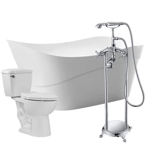 ANZZI Kahl 67 in. Acrylic Flatbottom Non-Whirlpool Bathtub with Tugela Faucet and Author 1.28 GPF Toilet