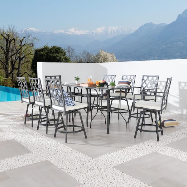 TOP HOME SPACE Black 11-Piece Metal Outdoor Bistro Set with White Cushion
