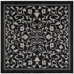 Courtyard Black/Sand 5 ft. x 5 ft. Border Scroll Floral Indoor/Outdoor Patio  Square Area Rug