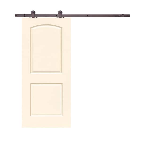 CALHOME 30 in. x 80 in. Beige Stained Composite MDF 2-Panel Round Top Interior Sliding Barn Door with Hardware Kit