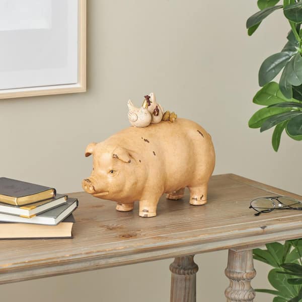 Light Brown Resin Pig Sculpture with Roosters and Chicks
