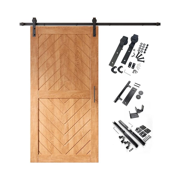 JT2 32 in. x 80 in. C-Panel Early American Fishbone Design Solid Pine Wood Sliding Barn Door with Hardware Kit