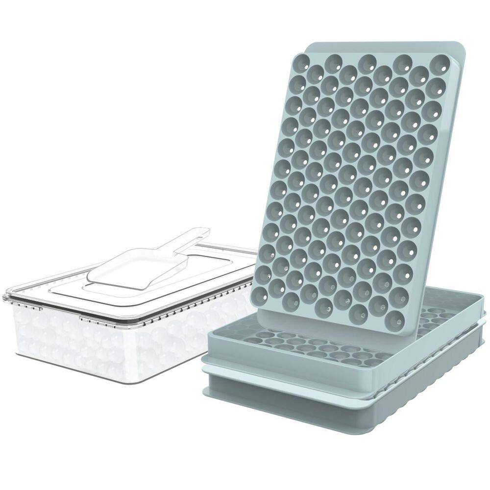 0.55 in. Mini Ice Cube Trays with Tiny Pebble Ice and Lid & Storage Bin for Iced Coffee and Cocktails, Blue (2-Pack)