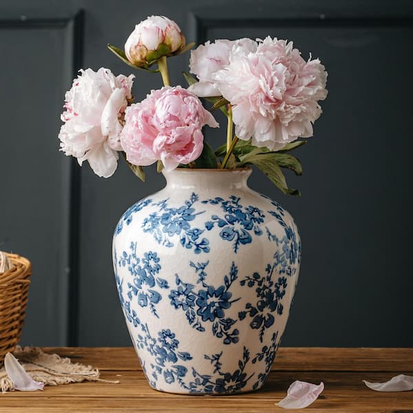 せやの 8 in. Vintage Chinoiserie Blue White Ceramic Antique Decorative