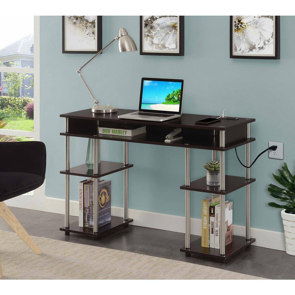 Espresso Modern Writing Desk with USB Charging Station and Shelves