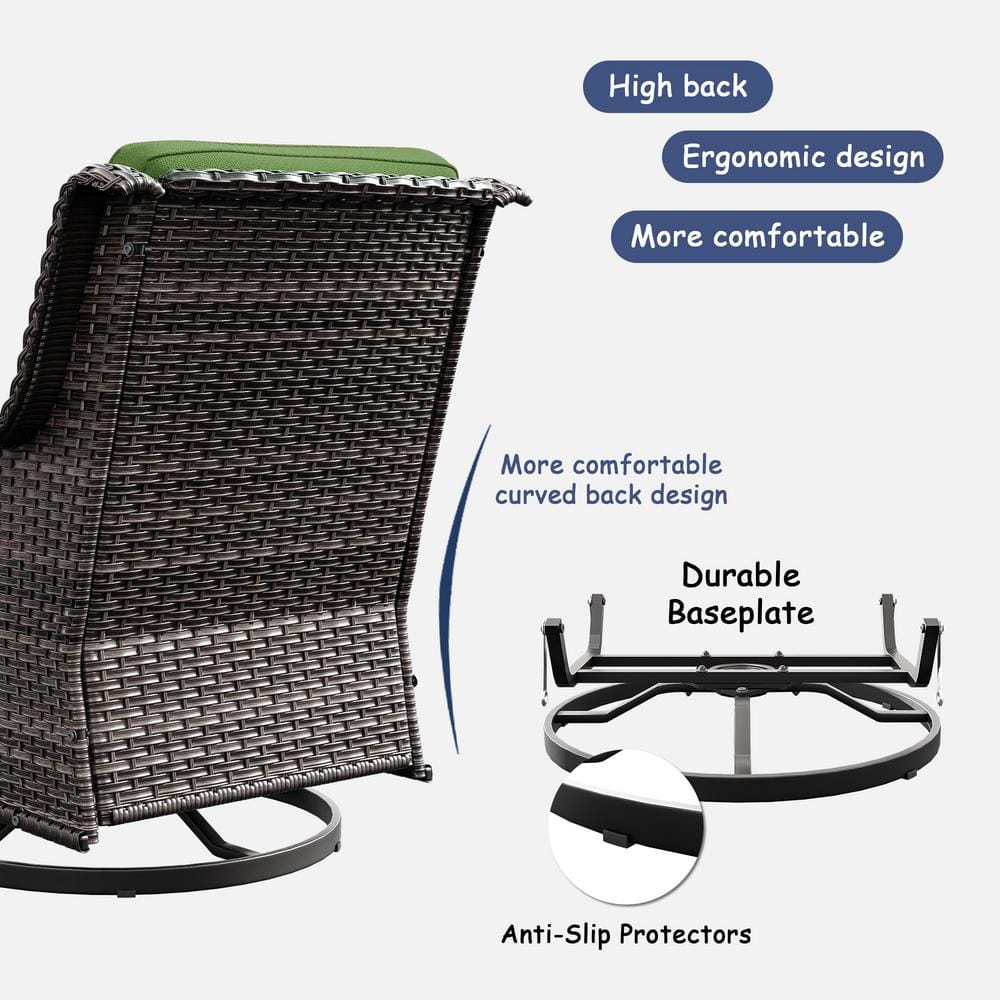 Green Cushioned Wicker Swivel Rocking Chair Set with Table