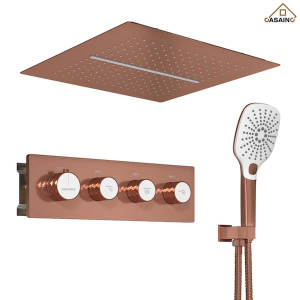 CASAINC 5-Spray Patterns 16-inch Square Ceiling Mount Fixed and Handheld Shower Head 2.5 GPM Thermostatic in Brushed Rose Gold