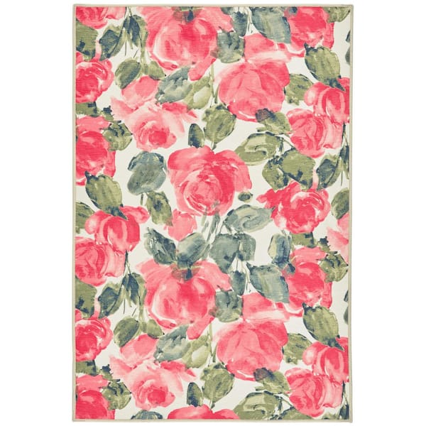 DASH & ALBERT Pretty Peonies Machine Washable Multi 2.6 ft. x 8 ft. Indoor Area Rug