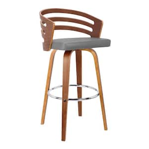 35 in. H Brown and Gray Leatherette Swivel Wooden Counter Stool with Curved Back