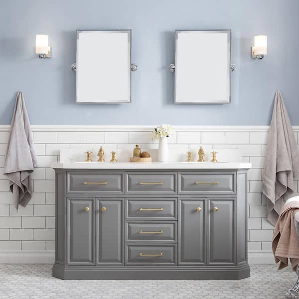 Water Creation Palace 60 in. W x 22 in. D x 34 in. H Double Sink Bath Vanity in Cashmere Grey with Carrara White Quartz Top