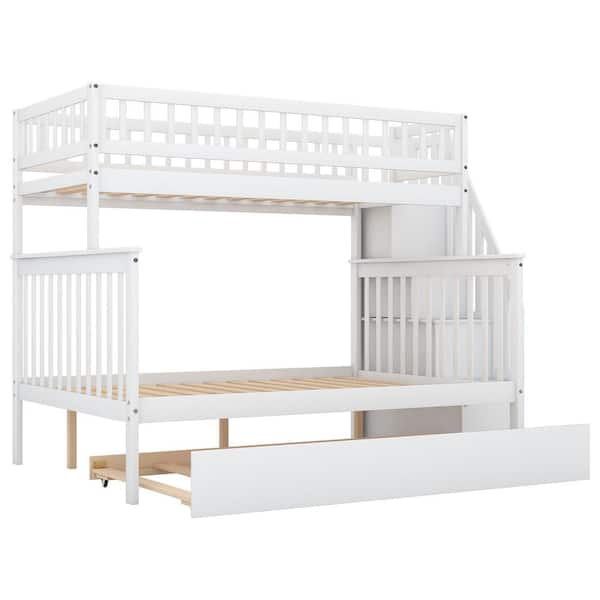 Donason White Twin Over Full Bunk Bed with Trundle and Staircase